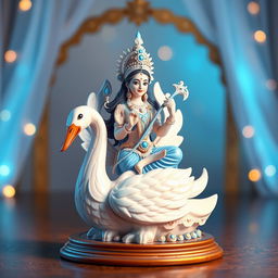 A beautifully designed Saraswati idol, featuring intricate details and adorned with white and blue colors, giving it a vibrant animated style