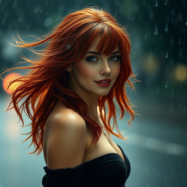 A beautiful, sexy red-haired woman standing gracefully against a backdrop of falling rain, her hair glistening with droplets that enhance her allure