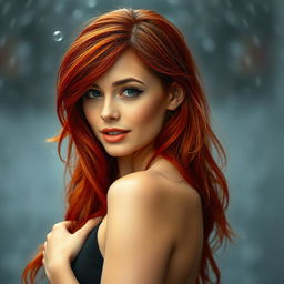 A beautiful, sexy red-haired woman standing gracefully against a backdrop of falling rain, her hair glistening with droplets that enhance her allure