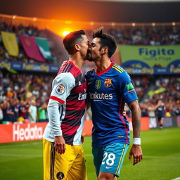 A lively and spirited moment capturing Cristiano Ronaldo leaning in to kiss Neymar, both wearing their respective team's jerseys, on a vibrant football field