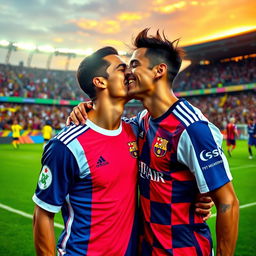 A lively and spirited moment capturing Cristiano Ronaldo leaning in to kiss Neymar, both wearing their respective team's jerseys, on a vibrant football field
