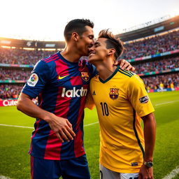 A lively and spirited moment capturing Cristiano Ronaldo leaning in to kiss Neymar, both wearing their respective team's jerseys, on a vibrant football field