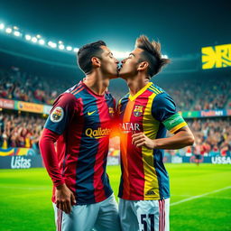 A lively and spirited moment capturing Cristiano Ronaldo leaning in to kiss Neymar, both wearing their respective team's jerseys, on a vibrant football field