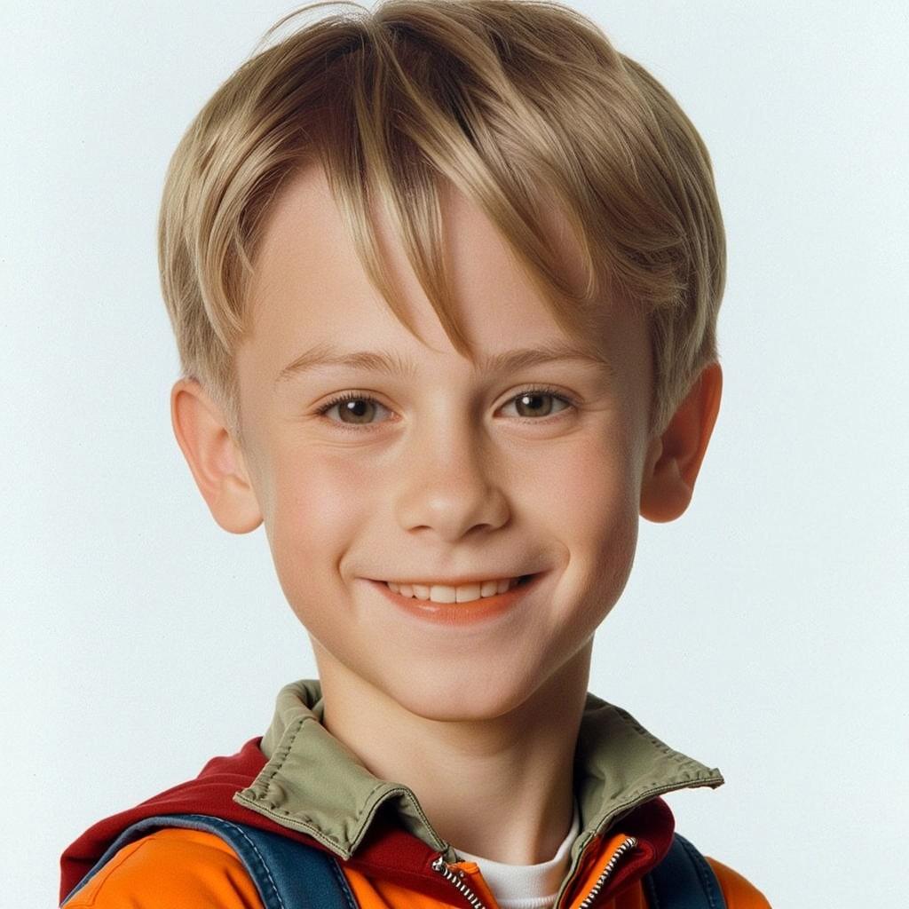 A fantasy portrait of a mischievous eight-year-old boy with short blonde hair, wearing a yellow shirt underneath a red sweater