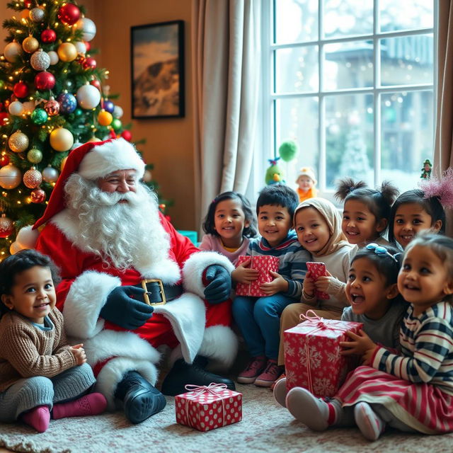 A real Santa Claus in a cozy, festive room decorated for Christmas, sitting beside a beautifully adorned Christmas tree filled with colorful ornaments and twinkling lights