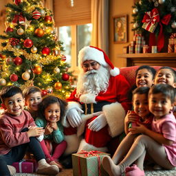 A real Santa Claus in a cozy, festive room decorated for Christmas, sitting beside a beautifully adorned Christmas tree filled with colorful ornaments and twinkling lights