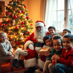 A real Santa Claus in a cozy, festive room decorated for Christmas, sitting beside a beautifully adorned Christmas tree filled with colorful ornaments and twinkling lights