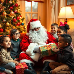 A real Santa Claus in a cozy, festive room decorated for Christmas, sitting beside a beautifully adorned Christmas tree filled with colorful ornaments and twinkling lights