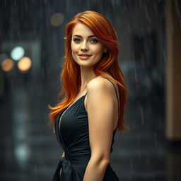 A beautiful, sexy red-haired woman dressed elegantly, standing confidently against a backdrop of falling rain