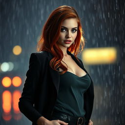 A beautiful, sexy red-haired woman dressed elegantly, standing confidently against a backdrop of falling rain