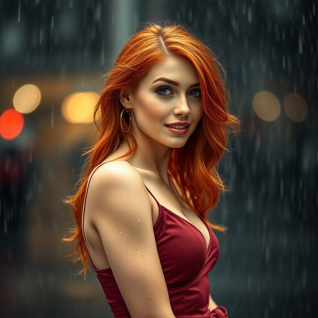 A beautiful, sexy red-haired woman dressed elegantly, standing confidently against a backdrop of falling rain