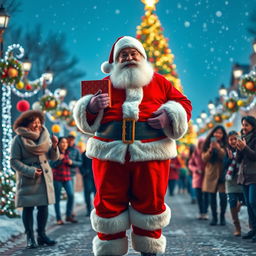 A realistic Santa Claus with a jolly expression, standing on a beautifully decorated road lined with festive lights and ornaments