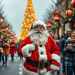 A realistic Santa Claus with a jolly expression, standing on a beautifully decorated road lined with festive lights and ornaments