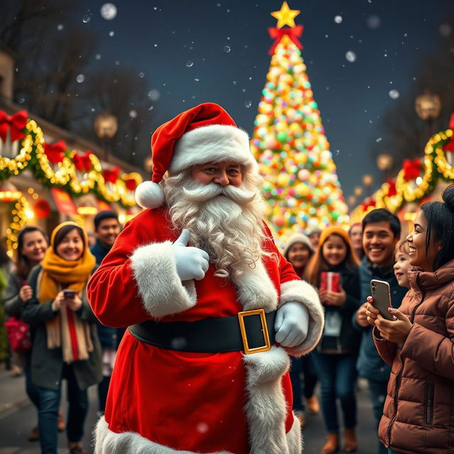 A realistic Santa Claus with a jolly expression, standing on a beautifully decorated road lined with festive lights and ornaments