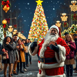 A realistic Santa Claus with a jolly expression, standing on a beautifully decorated road lined with festive lights and ornaments