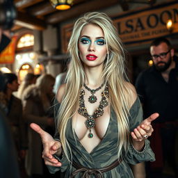 A photograph captured from a distance featuring an attractive young woman with a thin face, very long disheveled blond hair
