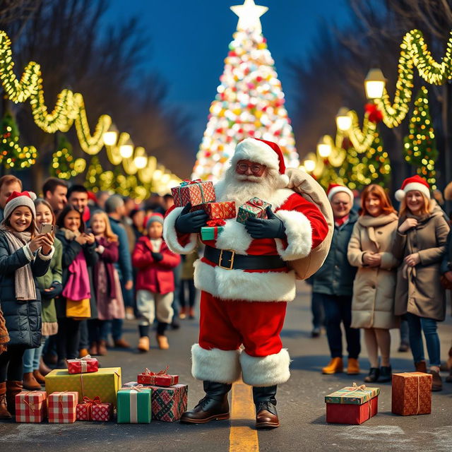 Santa Claus standing on a road adorned with colorful Christmas decorations, surrounded by joyful people celebrating the holiday spirit