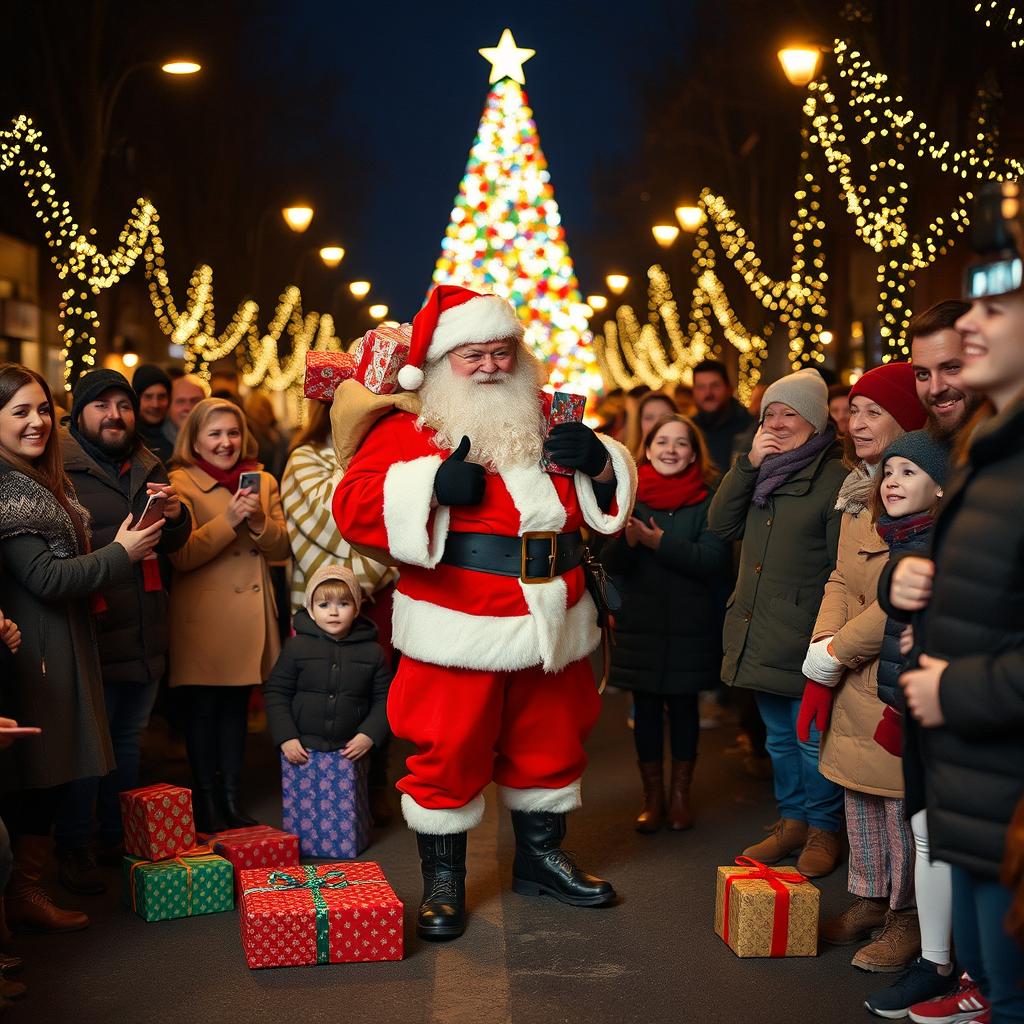 Santa Claus standing on a road adorned with colorful Christmas decorations, surrounded by joyful people celebrating the holiday spirit