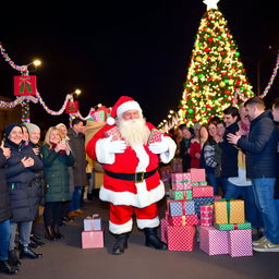 Santa Claus standing on a road adorned with colorful Christmas decorations, surrounded by joyful people celebrating the holiday spirit