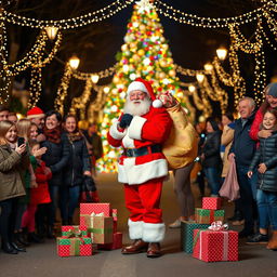 Santa Claus standing on a road adorned with colorful Christmas decorations, surrounded by joyful people celebrating the holiday spirit