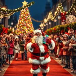 A joyful scene depicting Santa Claus on a festive road adorned with colorful decorations and twinkling lights