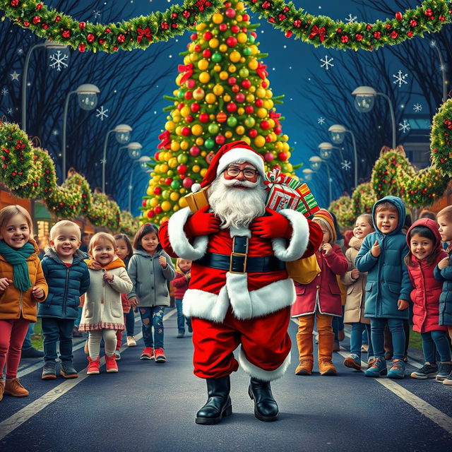 A joyful scene depicting Santa Claus on a festive road adorned with colorful decorations and twinkling lights