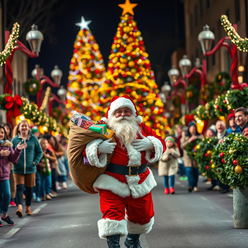 A joyful scene depicting Santa Claus on a festive road adorned with colorful decorations and twinkling lights