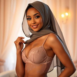 A stylish and elegant woman wearing a beautiful lace lingerie set combined with a chic hijab, the hijab artfully draping over her shoulders