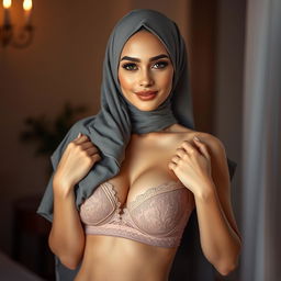 A stylish and elegant woman wearing a beautiful lace lingerie set combined with a chic hijab, the hijab artfully draping over her shoulders