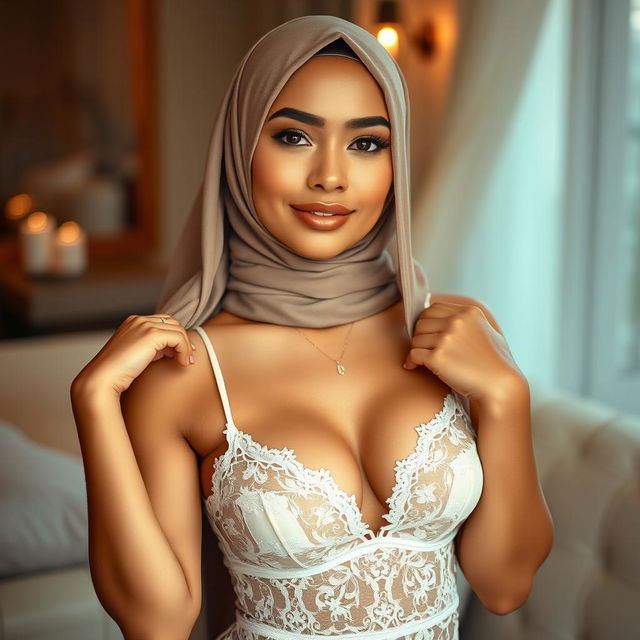 A stylish and elegant woman wearing a beautiful lace lingerie set combined with a chic hijab, the hijab artfully draping over her shoulders