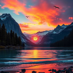An image showcasing a breathtaking landscape of a mountain scenery during sunset