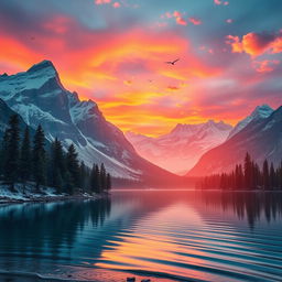 An image showcasing a breathtaking landscape of a mountain scenery during sunset