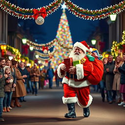 Santa Claus joyfully walking down a festive road adorned with vibrant Christmas decorations, twinkling lights, and a grand Christmas tree in the background