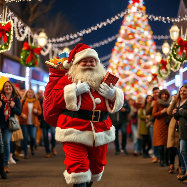 Santa Claus joyfully walking down a festive road adorned with vibrant Christmas decorations, twinkling lights, and a grand Christmas tree in the background