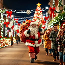 Santa Claus joyfully walking down a festive road adorned with vibrant Christmas decorations, twinkling lights, and a grand Christmas tree in the background