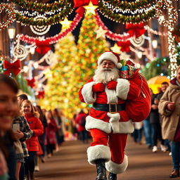 Santa Claus joyfully walking down a festive road adorned with vibrant Christmas decorations, twinkling lights, and a grand Christmas tree in the background