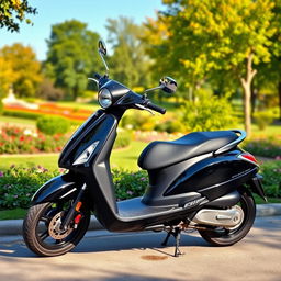 A sleek, black scooter parked on a picturesque street, surrounded by lush greenery and colorful flowers