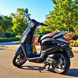 A sleek, black scooter parked on a picturesque street, surrounded by lush greenery and colorful flowers