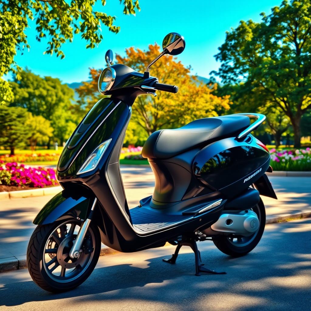 A sleek, black scooter parked on a picturesque street, surrounded by lush greenery and colorful flowers