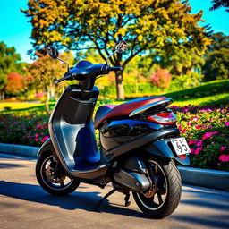 A sleek, black scooter parked on a picturesque street, surrounded by lush greenery and colorful flowers