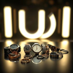A stylish display of various accessories including watches, bracelets, and rings, creatively arranged on a sleek black surface