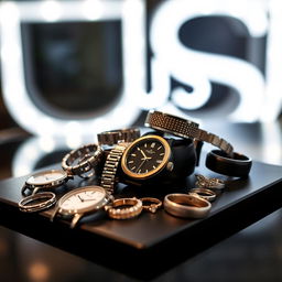 A stylish display of various accessories including watches, bracelets, and rings, creatively arranged on a sleek black surface