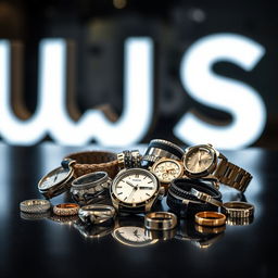 A stylish display of various accessories including watches, bracelets, and rings, creatively arranged on a sleek black surface
