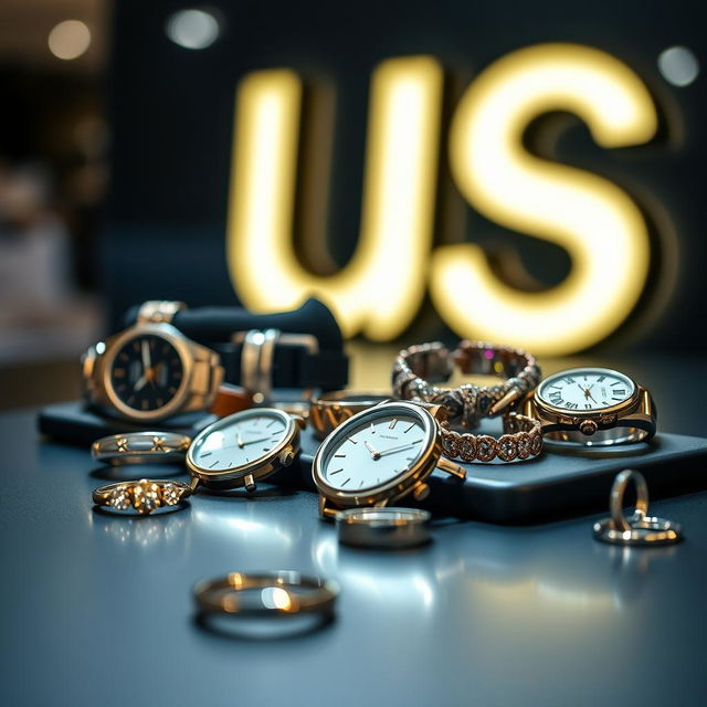 A stylish display of various accessories including watches, bracelets, and rings, creatively arranged on a sleek black surface