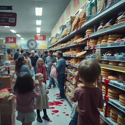 A surreal scene depicting shelves of cookies in a grocery store, some cookies appear to be bleeding red syrup