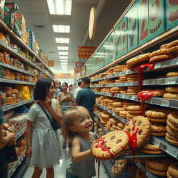 A surreal scene depicting shelves of cookies in a grocery store, some cookies appear to be bleeding red syrup