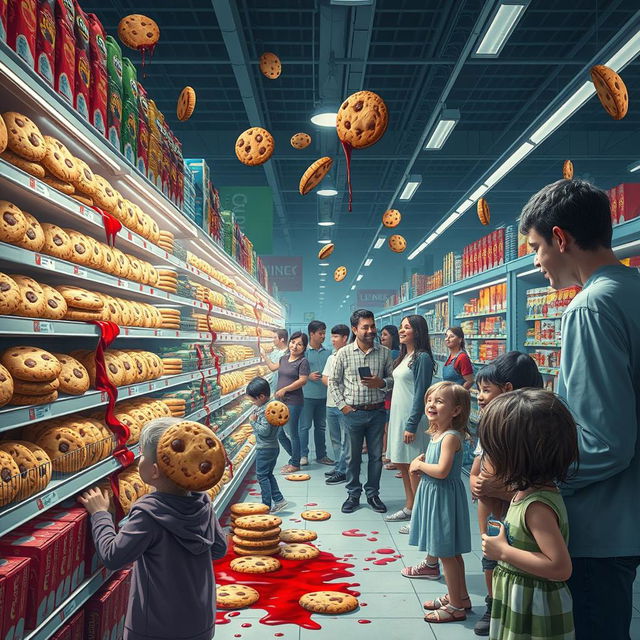 A surreal scene depicting shelves of cookies in a grocery store, some cookies appear to be bleeding red syrup