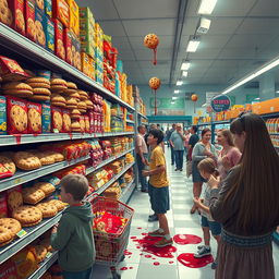 A surreal scene depicting shelves of cookies in a grocery store, some cookies appear to be bleeding red syrup