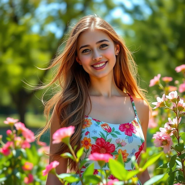 A portrait of a young woman with long, flowing hair, standing in a sunlit park