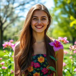 A portrait of a young woman with long, flowing hair, standing in a sunlit park